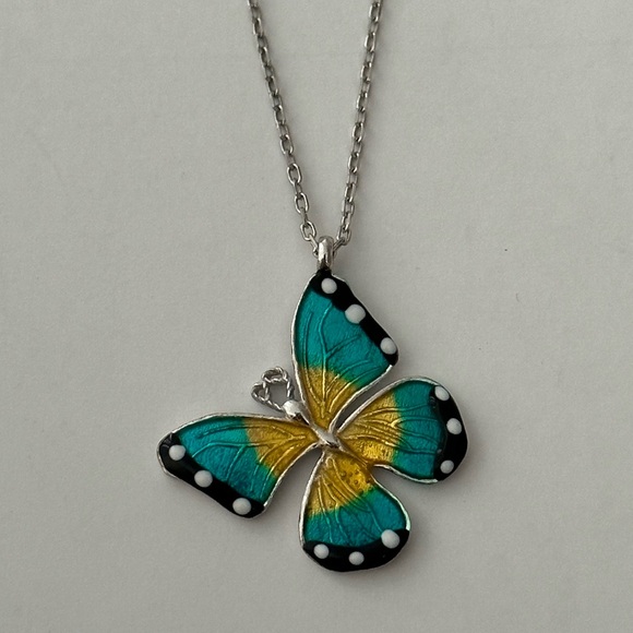 Jewelry - 925 Silver butterfly necklace blue yellow enamel